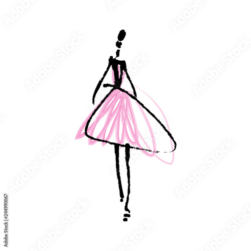 Fashion model hand drawn sketch, stylized ink silhouette