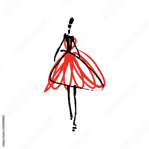 Fashion model hand drawn sketch, stylized ink silhouette