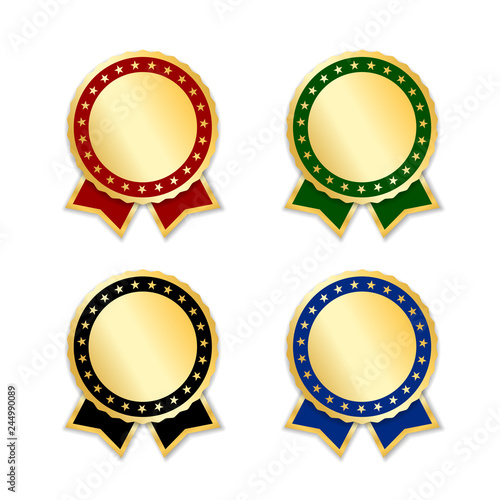 Award ribbons isolated set. Gold design medal, label, badge, certificate. Symbol best sale, price, quality, guarantee or success, achievement. Golden ribbon award decoration. Vector illustration