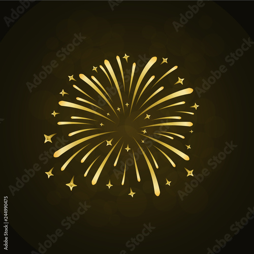 Beautiful gold firework. Bright firework isolated on black background. Light golden decoration firework for Christmas, New Year celebration, holiday, festival, birthday card. Vector illustration
