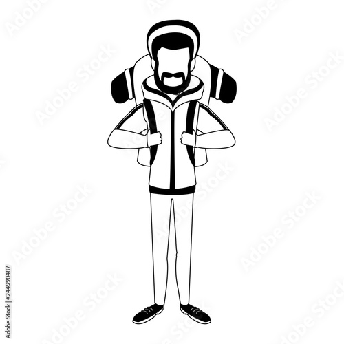 Alpinist man cartoon in black and white