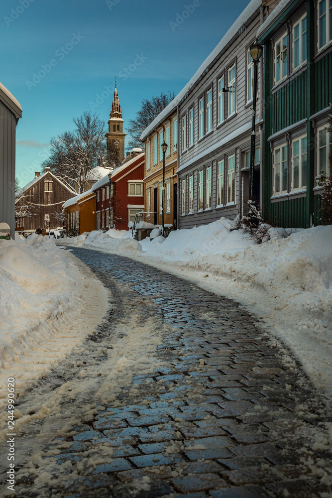 Baklandet street under snow. Wintertime in Trondheim, Norway.