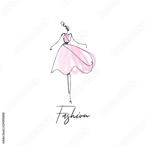 Fashion model hand drawn sketch, stylized ink silhouette