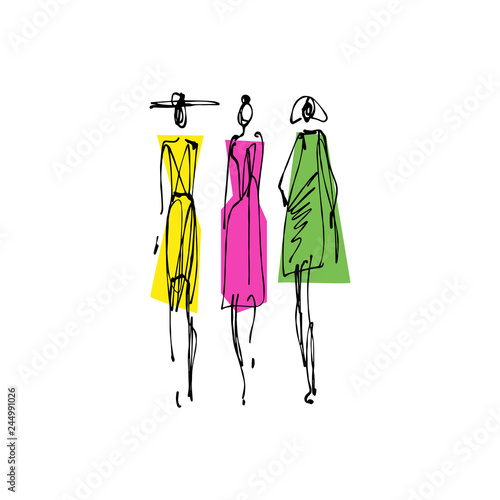 Fashion models hand drawn sketch, stylized ink silhouettes isolated on white background