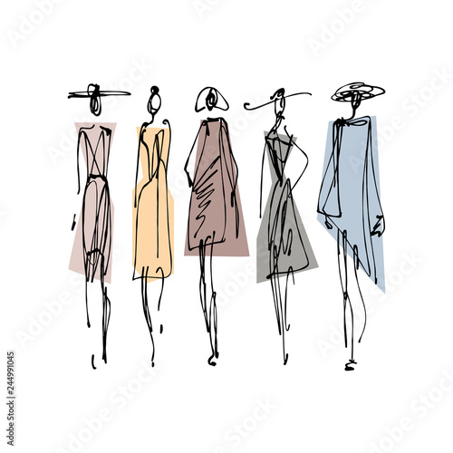 Fashion models hand drawn sketch, stylized ink silhouettes isolated on white background