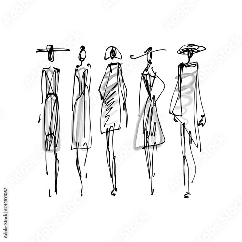 Fashion models hand drawn sketch, stylized ink silhouettes isolated on white background