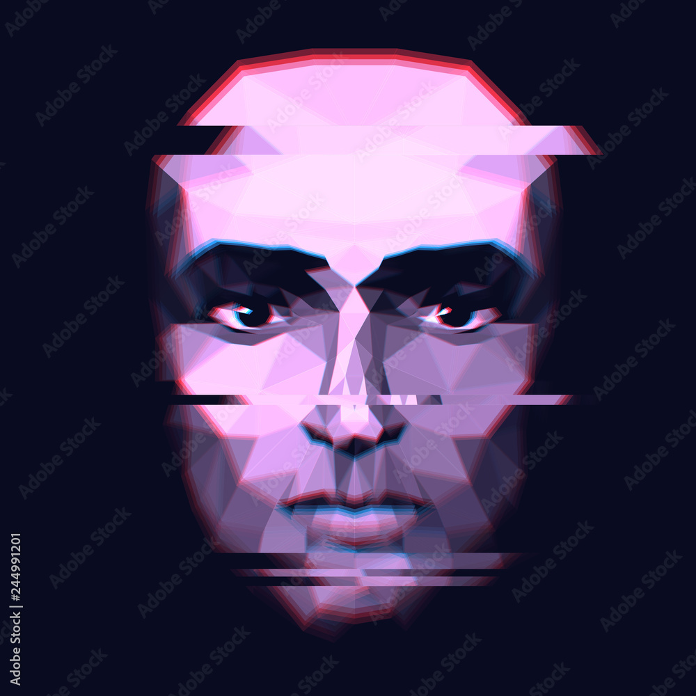 Low poly human face in the dark, glitch effect, hologram, virtual head