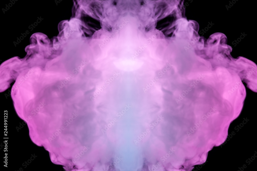 A background of simmetrical pink and white wavy smoke in the shape of a ghost's head or a man of mystical appearance on a black isolated ground. Bright abstract pattern of steam from vape.