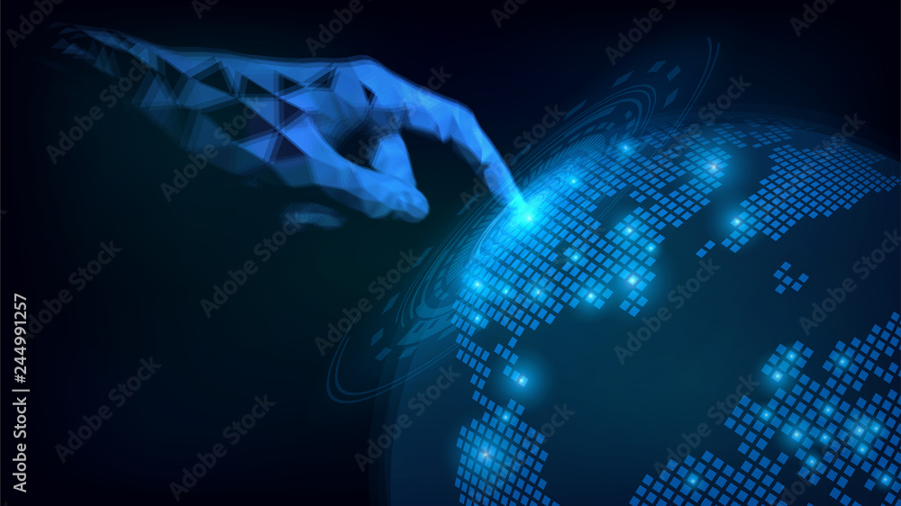 Obraz premium Low polygonal hand touch blue Earth, communication technologies. Internet, web, globalization