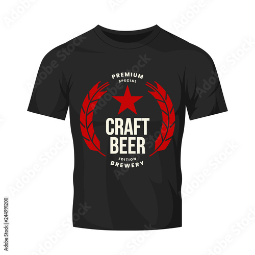 Modern craft beer drink vector logo sign for bar, pub, store, brewhouse or brewery isolated on black t-shirt mock up. Premium quality logotype emblem illustration. Brewing fest fashion badge design.