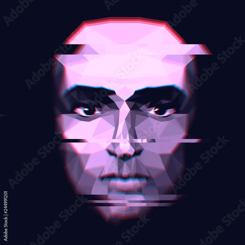 Low poly human face in the dark, glitch effect, hologram, virtual head