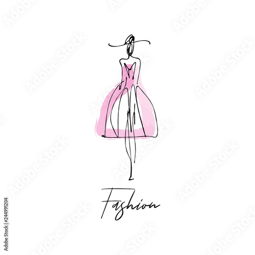 Woman with hat. Fashion model hand drawn sketch, stylized ink silhouette