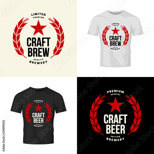Modern craft beer drink vector logo sign for bar, pub, store, brewhouse or brewery isolated on t-shirt mock up. Premium quality logotype emblem illustration set. Brewing fest badge design bundle.