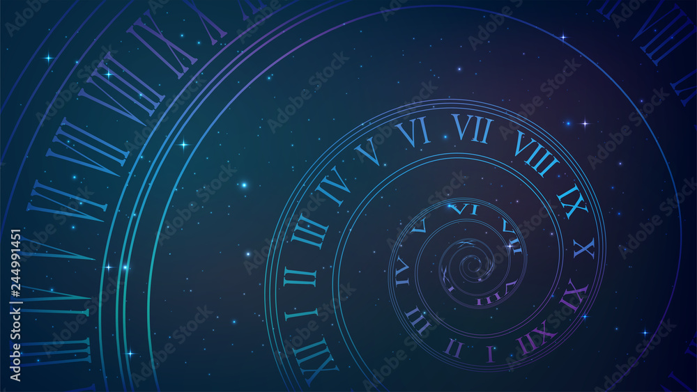 Background with spiral dial, clock in space. Time, eternity, universe