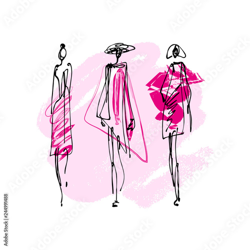 Fashion models hand drawn sketch, stylized ink silhouettes isolated on white background
