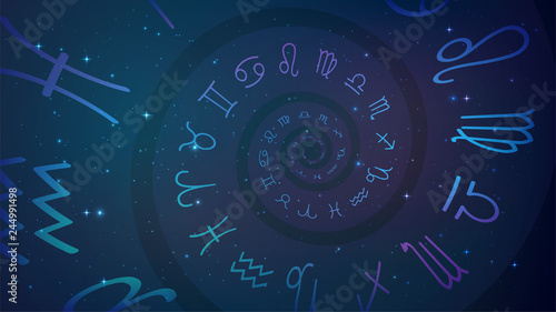 Background with spiral symbols of the zodiac signs in space. Astrology, esotericism, prediction of the future.