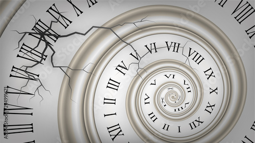 Background with white cracked spiral dial, clock. Time, eternity metaphor