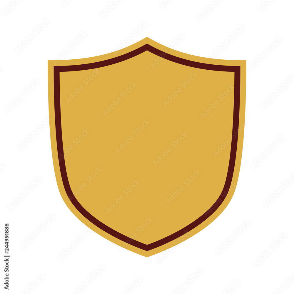 Shield shape gold icon. Simple flat logo on white background. Symbol of security, protection, safety, strong. Element badge for protect design emblem decoration Vector illustration Shield shape gold icon. Simple flat logo on white background. Symbol of security, protection, safety, strong. Element badge for protect design emblem decoration Vector illustration