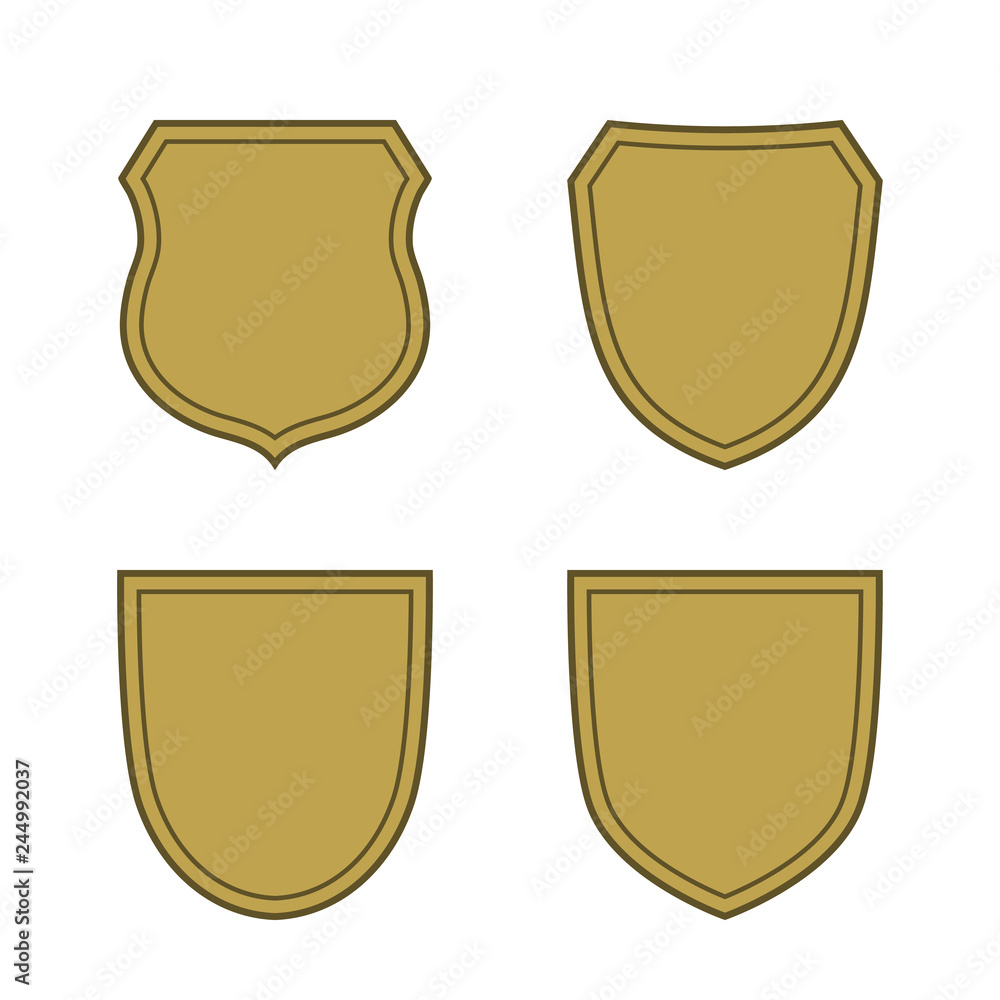 Shield shape gold icons set. Simple flat logo on white background. Symbol of security, protection, safety, strong. Element badge for secure protect design emblem decoration. Vector illustration Shield shape gold icons set. Simple flat logo on white background. Symbol of security, protection, safety, strong. Element badge for secure protect design emblem decoration. Vector illustration
