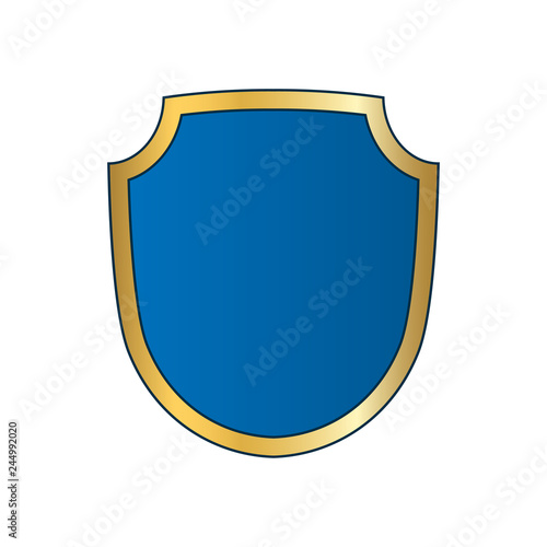 Free Download Gold-blue shield shape icon. Bright logo emblem metallic sign isolated on white background. Empty shape shield. Symbol of security, protection, defense. Shiny element design. Vector illustration - GFXLoad