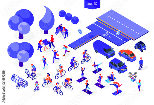 Vector isometric flat people on a white background. Set of sports activities, cycling, running, yoga classes, cars, trees and road. Man on giroboard and woman with drone. Couple in love on park bench photo