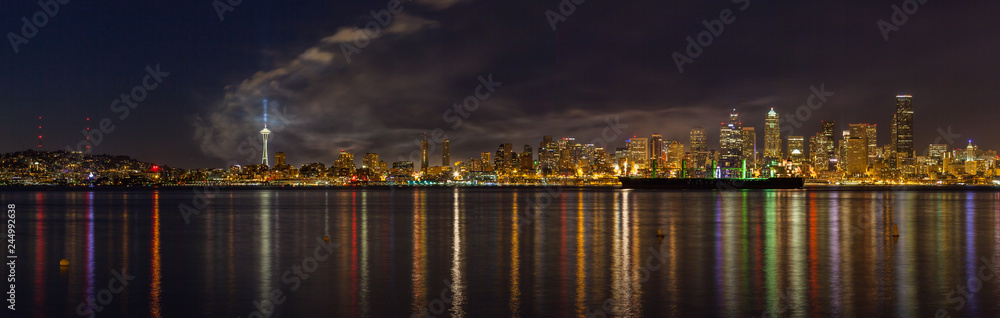 The skyline of Seattle - the most populous city in the Pacific Northwest - as seen just after the fourth of July fireworks show at Lake Union was over