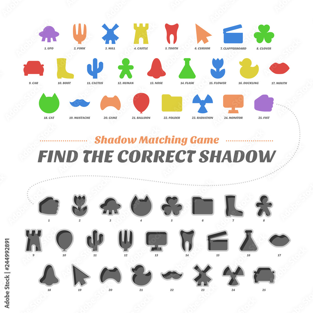 Shadow matcing game. Find the correct shapes. Worksheets for kids. Education vector basic silhouette school collection.