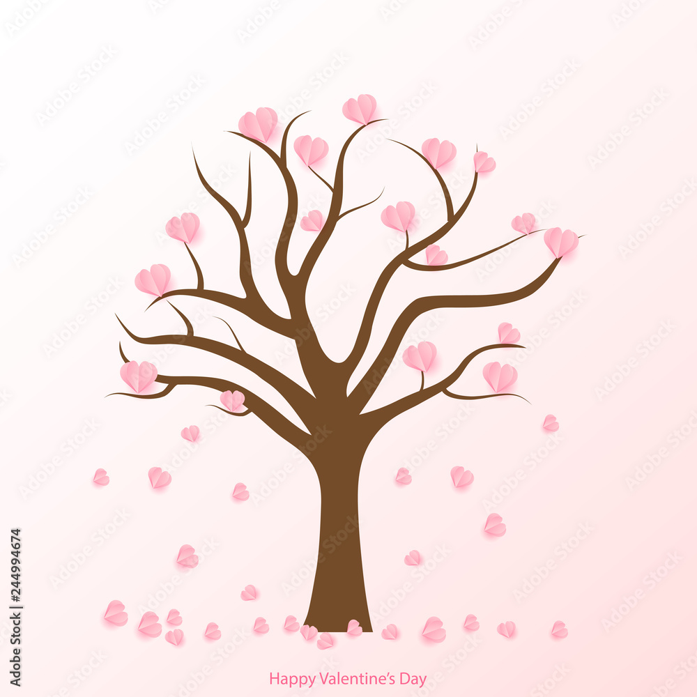Happy Valentine's day card with tree and paper cut hearts. Vector