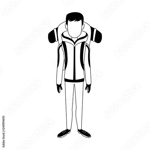 Alpinist man cartoon in black and white