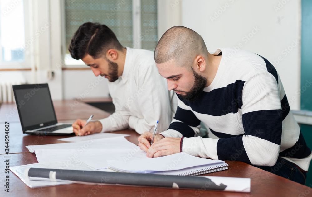 Obraz premium Guys working on student project at desk
