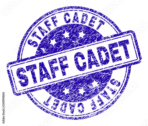 STAFF CADET stamp seal watermark with grunge texture. Designed with rounded rectangles and circles. Blue vector rubber print of STAFF CADET title with grunge texture.