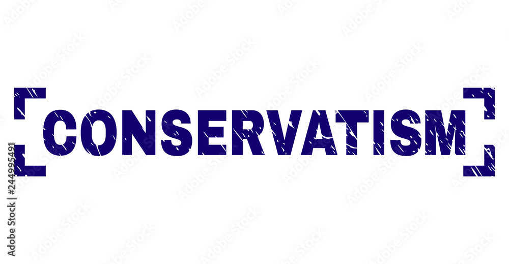 CONSERVATISM caption seal print with grunge texture. Text caption is placed between corners. Blue vector rubber print of CONSERVATISM with retro texture.