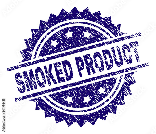 SMOKED PRODUCT stamp seal watermark with distress style. Blue vector rubber print of SMOKED PRODUCT title with dirty texture.