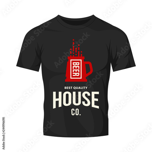 Modern craft beer drink vector logo sign for bar, pub, store, brewhouse or brewery isolated on black t-shirt mock up. Premium quality mug logotype illustration. Brewing fest fashion badge design.