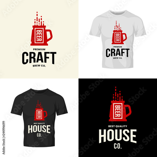 Modern craft beer drink vector logo sign for bar, pub, store, brewhouse or brewery isolated on t-shirt mock up. Premium quality mug logotype illustration set. Brewing fest fashion badge design bundle.