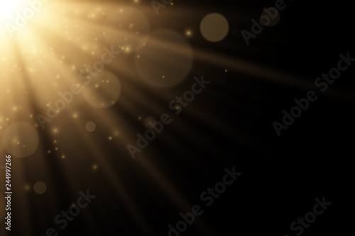 Stylish golden light effect isolated on a black background. Golden rays. Bright explosion. Flying magical dust. Sunlight. Abstract lights bokeh. Vector illustration