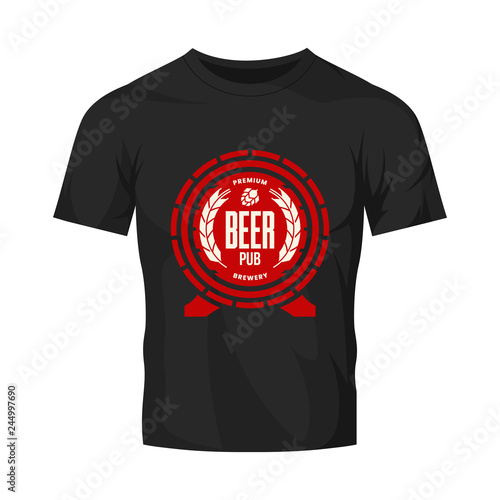 Modern craft beer drink vector logo sign for bar, pub, store, brewhouse or brewery isolated on black t-shirt mock up. Premium quality wooden barrel logotype illustration. Brewing fest badge design.