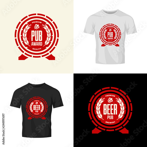 Modern craft beer drink vector logo sign for bar, pub, store, brewhouse, brewery isolated on t-shirt mock up. Premium quality wooden barrel logotype illustration set. Brewing fest badge design bundle.