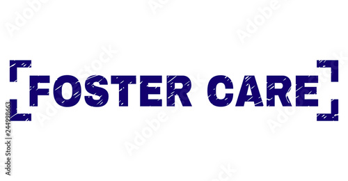 FOSTER CARE tag seal watermark with grunge texture. Text title is placed between corners. Blue vector rubber print of FOSTER CARE with grunge texture.