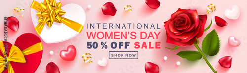 8 March Happy Women's Day banner. Beautiful Background with rose, petals, gift boxes, hearts and Golden serpentine. Vector illustration for postcards,posters, coupons, promotional material.