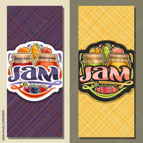 Vector banners for fruit Jam, flyer with 2 home made glass jars covered checkered fabric and tied bow, fresh cartoon fruits and berries, brush lettering for word jam and decorative colorful flourishes