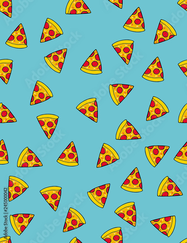 Piece of Pizza Seamless Vector Pattern. Pizza Slice with Tomatos and Salami. Hand Drawn Fast Food. Blue Background. Cute Irregular Repeatable Pattern.
