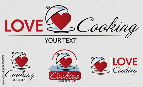 Love Cooking Logo Template.  Bon appetit. Hand drawn vector illustration. Can be used for badges, labels, logo, bakery, street festival, farmers market, country fair, shop, kitchen classes, cafe.