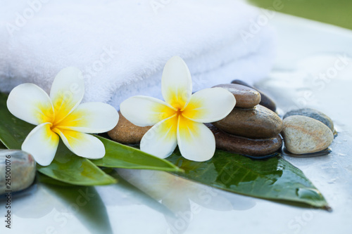 Beautiful tropical flowers  towel and stones