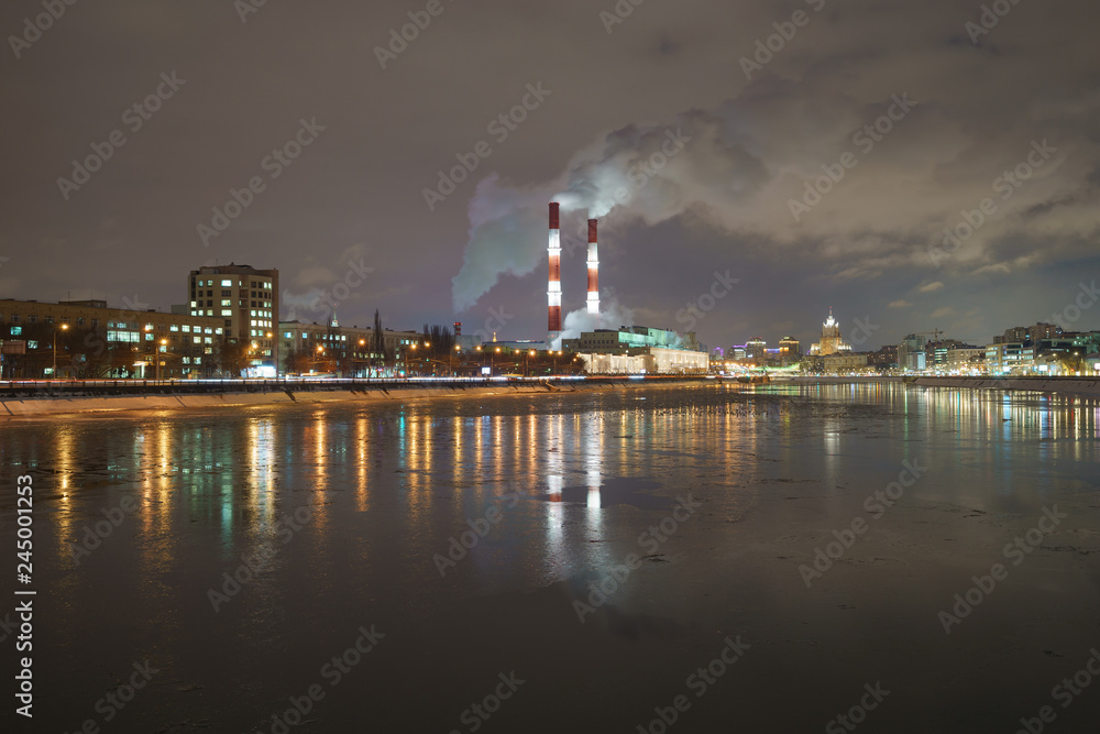 Night industrial Moscow cityscape. Long exposure image.