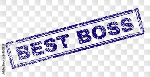 BEST BOSS stamp seal imprint with rubber print style and double framed rectangle shape. Stamp is placed on a transparent background. Blue vector rubber print of BEST BOSS caption with dust texture.