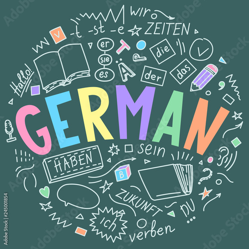 German language hand drawn doodles and lettering. 