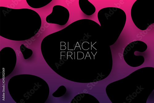 lack friday sale 3d vector illustration banner template with organic form black objects on pink background. Sales promotion concept.