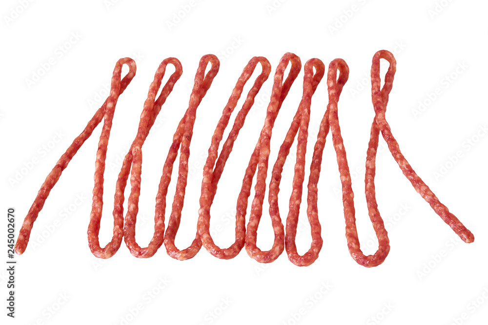 Long thin sausages on white background. Traditional frisian dried sausage sticks. Hunter sausages Long thin sausages on white background. Traditional frisian dried sausage sticks. Hunter sausages