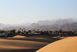 Long shadows on sand dunes in the desert in front palms and a huge mountain range during sunset (Dunas de Maspalomas, Gran Canaria, Spain, Europe)